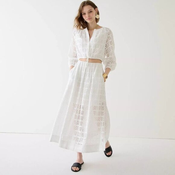J CREW White Cotton Embroidered Eyelet Top Maxi Skirt Set Dress M 8 - Picture 1 of 7